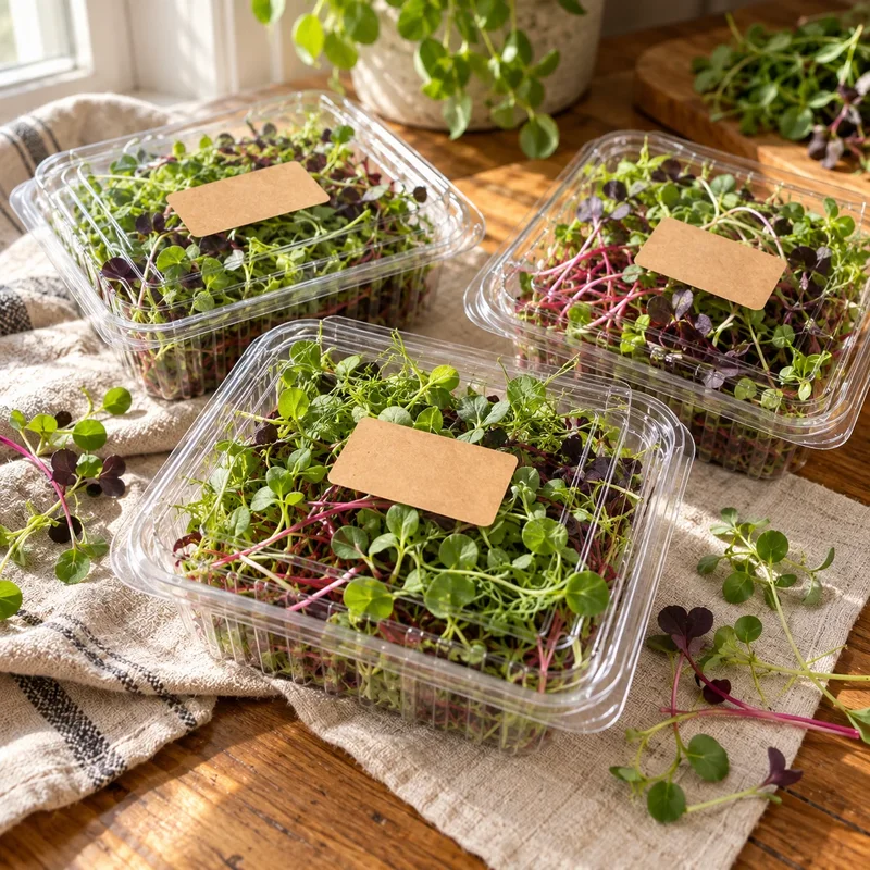 Clear clamshells of mixed microgreens with a simple kraft label