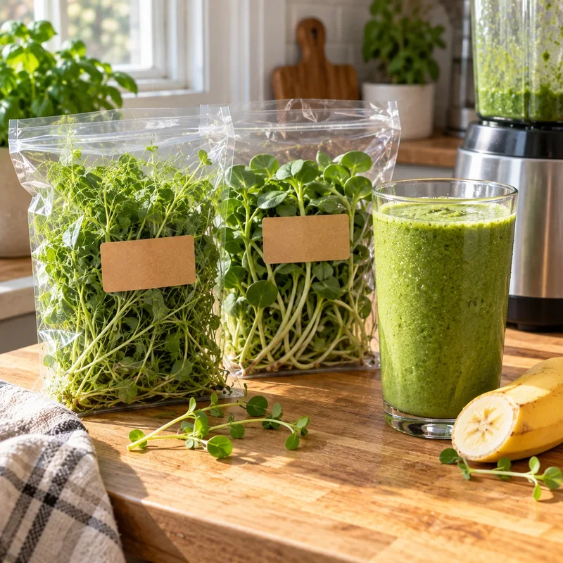 Microgreen smoothie packs next to a green smoothie