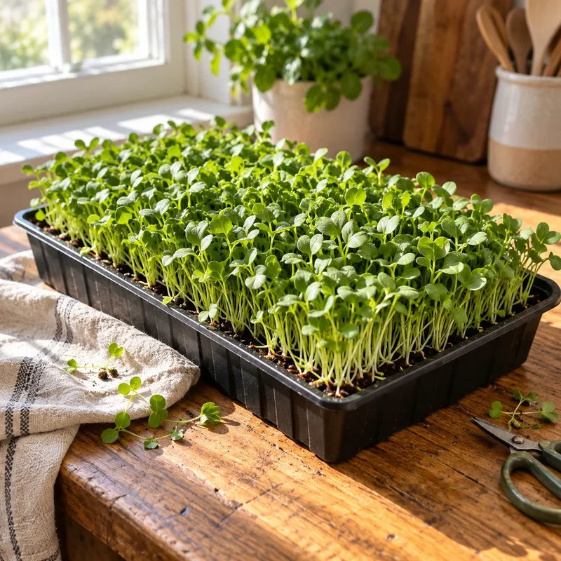 A full living tray of green microgreens ready to harvest