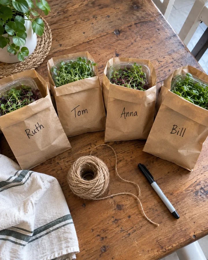Brown paper bags with microgreens and handwritten neighbor names on a wooden table, seen from above